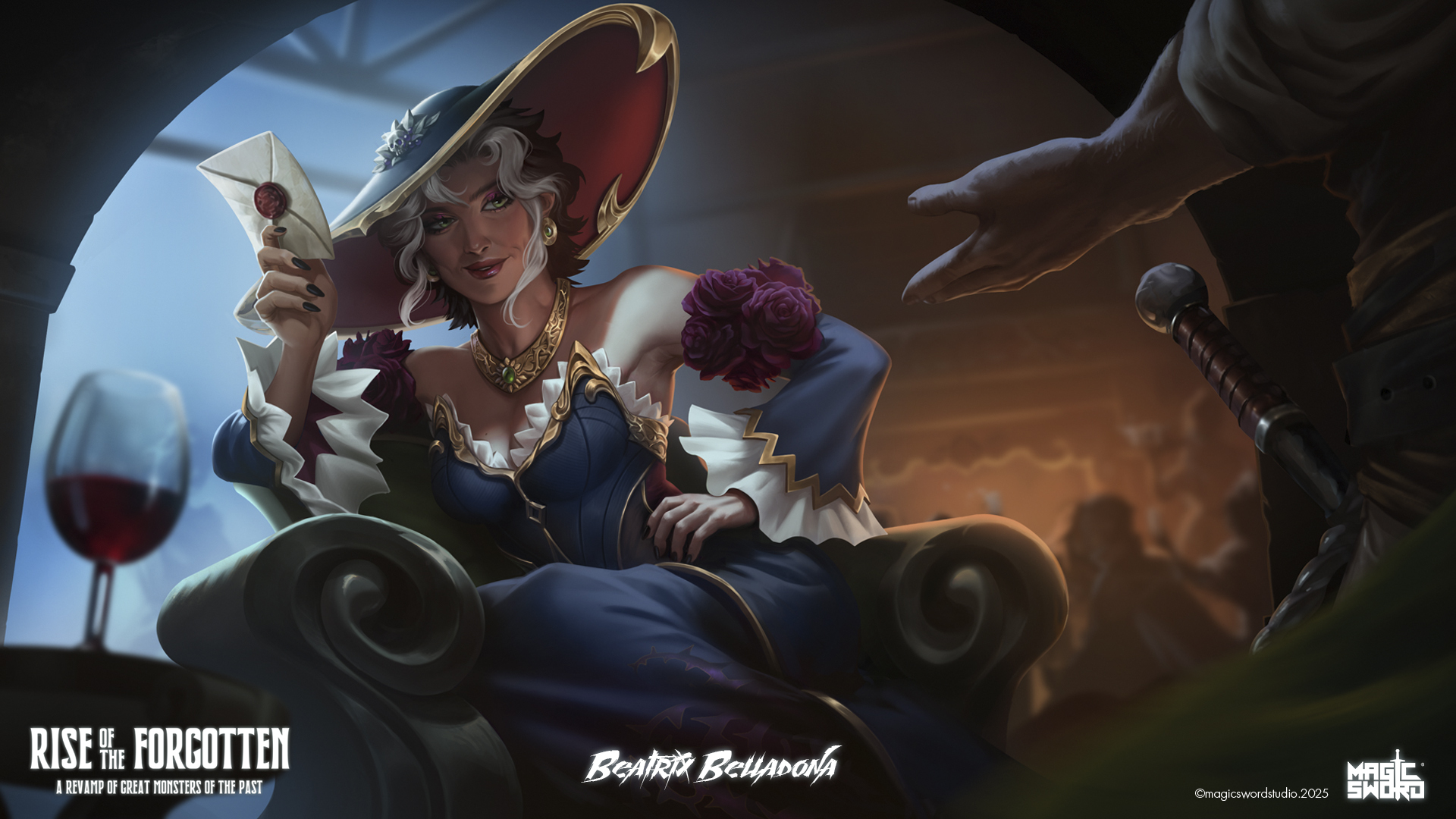 Beatrix Belladona reclining in an armchair holding a sealed letter, character illustration from Rise of the Forgotten by Magic Sword Studio